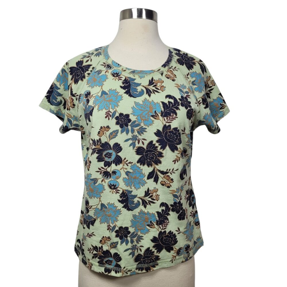 TeeCo Mint Green Floral Print Top Size Large Short Sleeve Cotton Stretch Tee